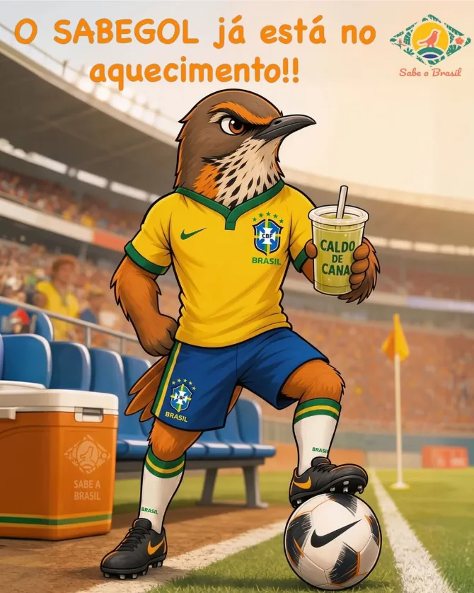 Sabegol, a mascote da Sabe a Brasil, com camisola do Brasil e um copo de caldo de cana